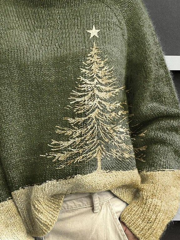 Women's Christmas Tree Print Casual Turtleneck Long Sleeve Sweater