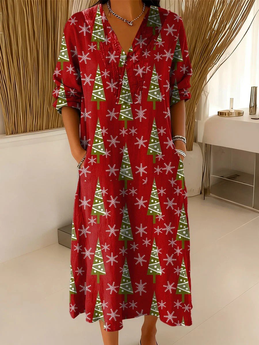 V Neck Linen Blend Casual Dress With No