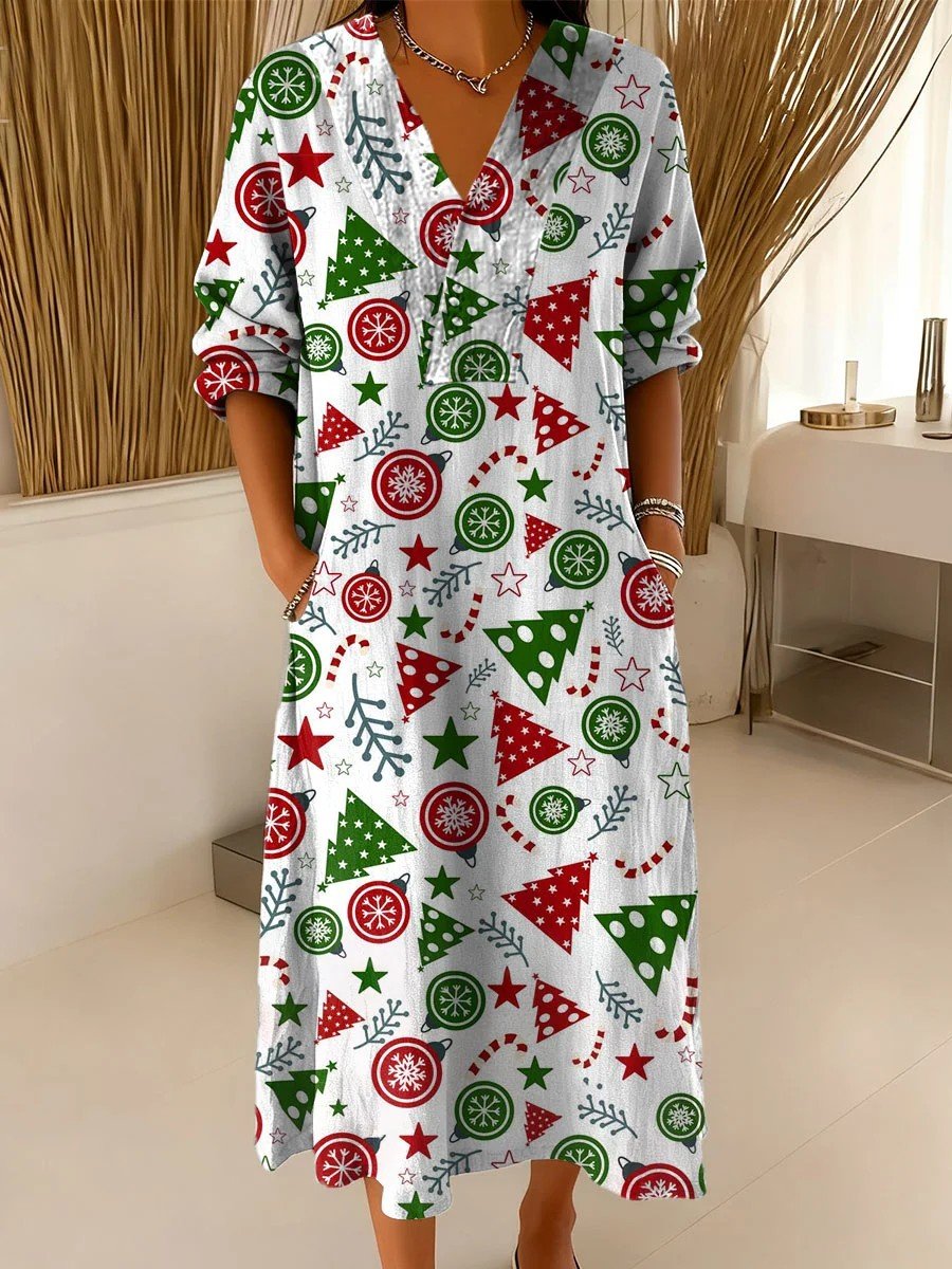 V Neck Linen Blend Casual Dress With No