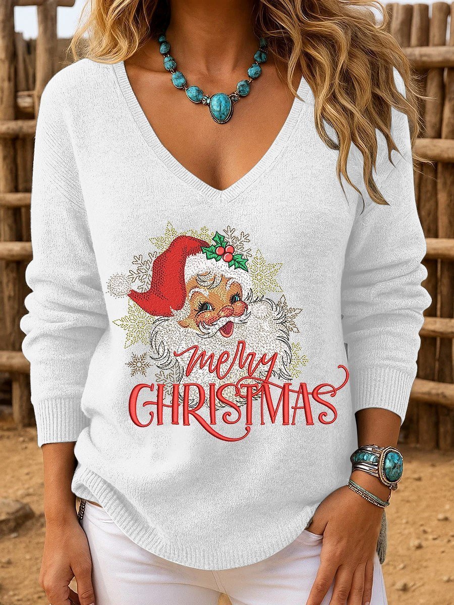 Casual Christmas V Neck Knit Top Sweater