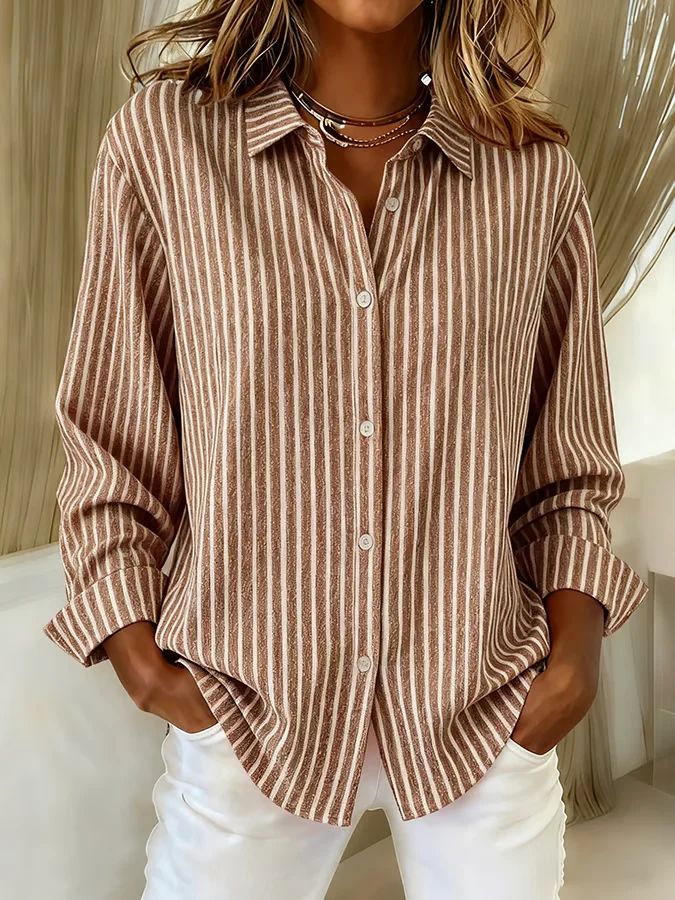 Women's Long Sleeve Shirt Spring/Fall Red Striped Buckle Shirt Collar Regular Sleeve Daily Going Out Casual Top