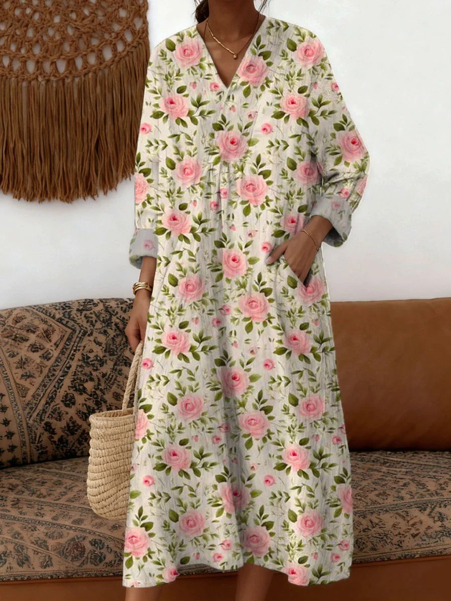Loose V Neck Linen Blend Vintage Dress With No