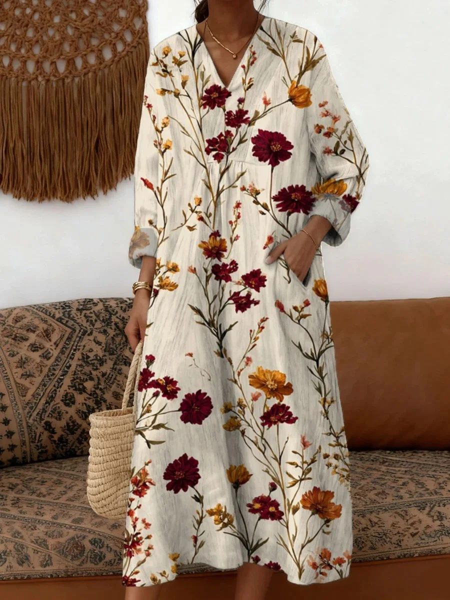 Loose V Neck Linen Blend Vintage Dress With No