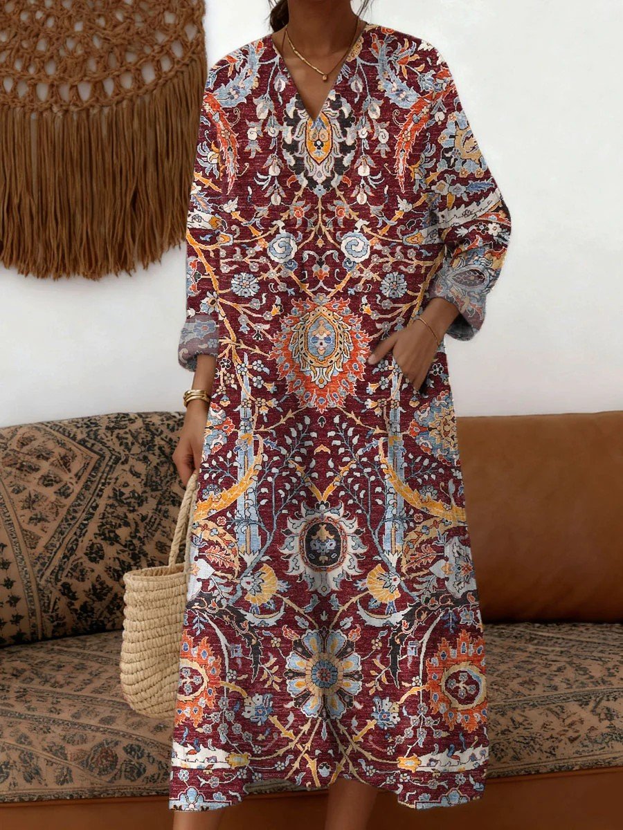 Loose V Neck Floral Casual Dress With No