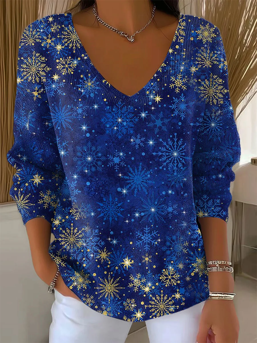 Women's Long Sleeve T-shirt Spring/Fall Blue Christmas Printing V Neck Daily Going Out Casual Top