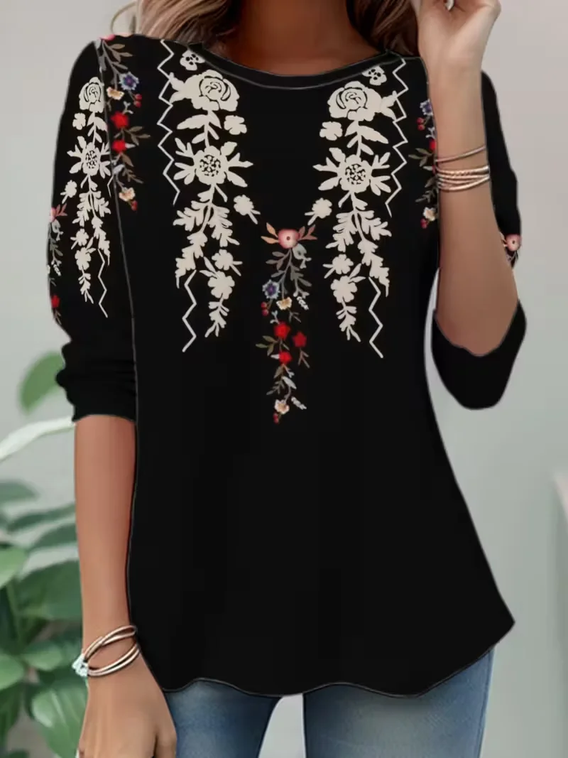 Women's Long Sleeve T-shirt Spring/Fall Black Floral Jersey Crew Neck Daily Going Out Casual Top