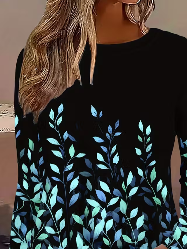 Women's Long Sleeve T-shirt Spring/Fall Black Leaf Printing Jersey Crew Neck Daily Going Out Casual Top