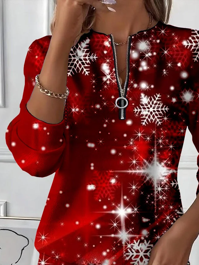 Women's Christmas Print Casual Zipper Long Sleeve Sweatshirt