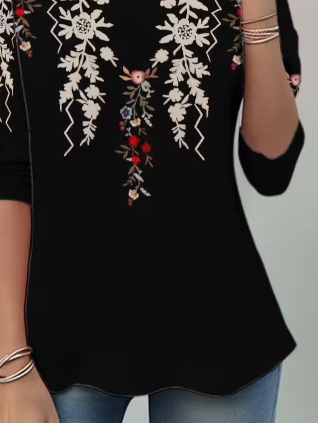 Women's Long Sleeve T-shirt Spring/Fall Black Floral Jersey Crew Neck Daily Going Out Casual Top