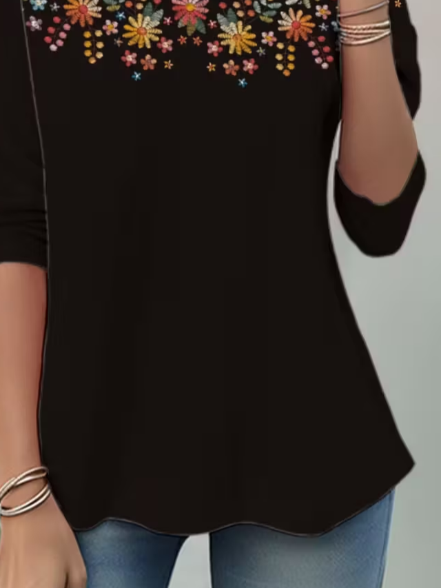 Women's Long Sleeve T-shirt Spring/Fall Black Floral Jersey Crew Neck Daily Going Out Casual Top