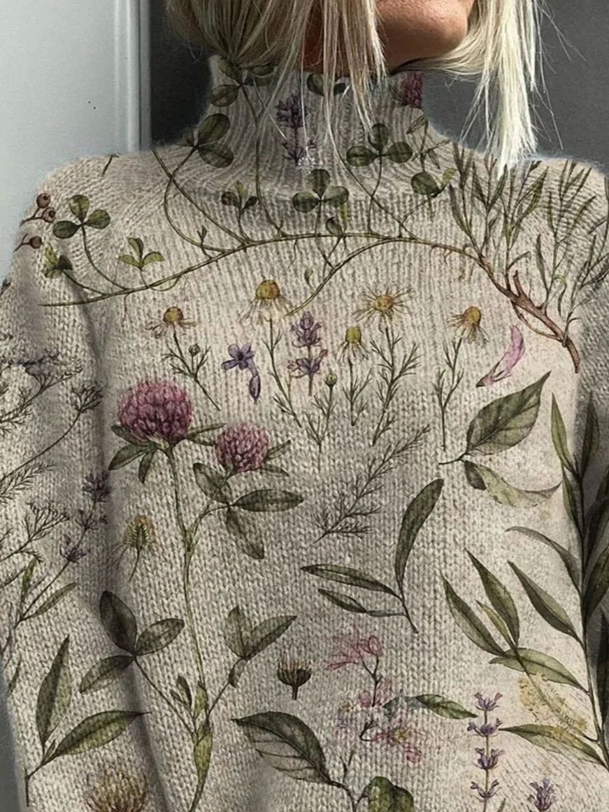 Women's Floral Print Casual Turtleneck Long Sleeve Sweater