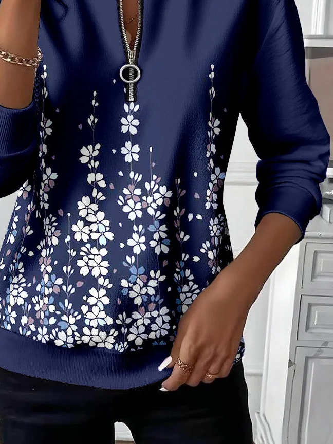Women's Floral Print Casual Zip-Up Long Sleeve Sweatshirt