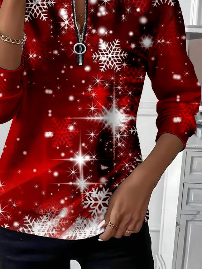 Women's Christmas Print Casual Zipper Long Sleeve Sweatshirt