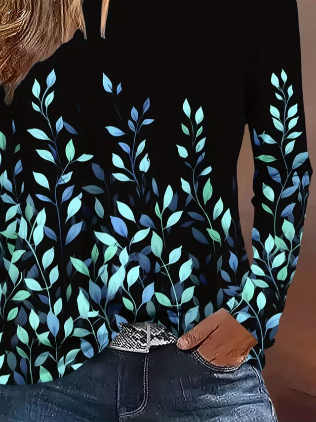 Women's Long Sleeve T-shirt Spring/Fall Black Leaf Printing Jersey Crew Neck Daily Going Out Casual Top