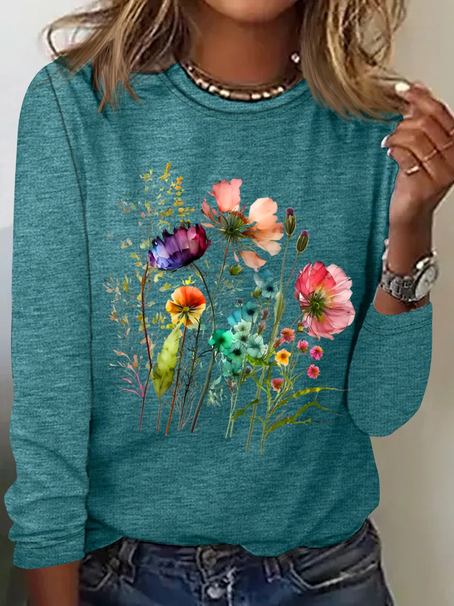 Women's Cotton Floral Print Crew Neck Sweatshirt Casual Long Sleeve Shirt