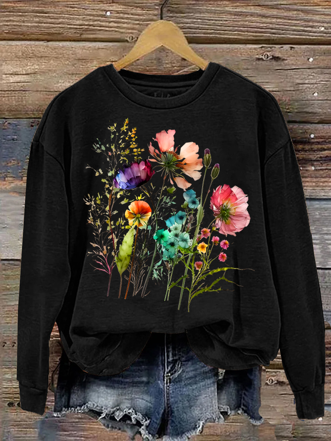 Women's Cotton Floral Print Crew Neck Sweatshirt Casual Sweatshirt