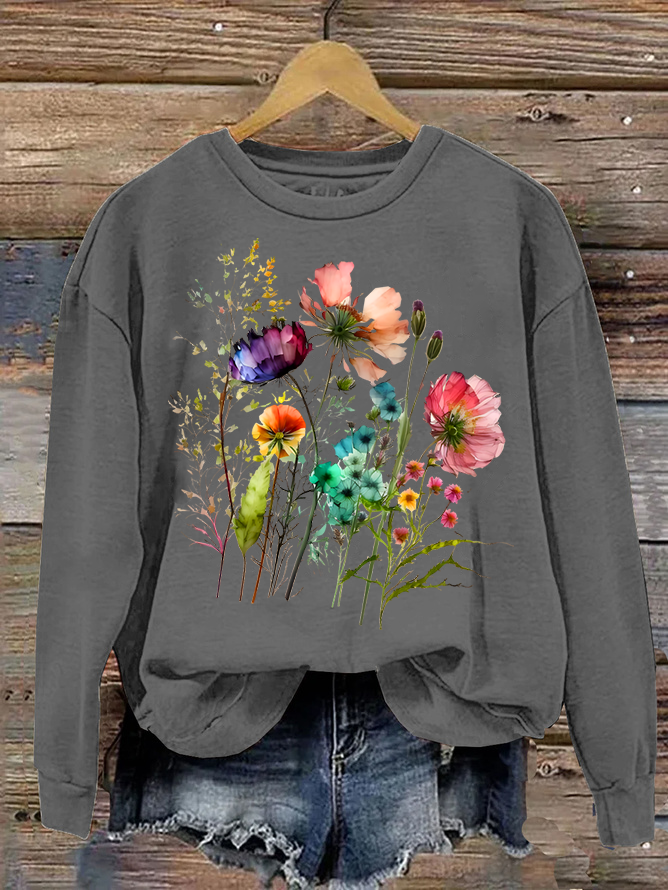 Women's Cotton Floral Print Crew Neck Sweatshirt Casual Sweatshirt