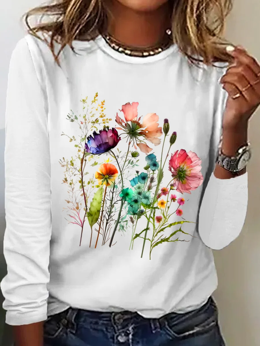Women's Cotton Floral Print Crew Neck Sweatshirt Casual Long Sleeve Shirt