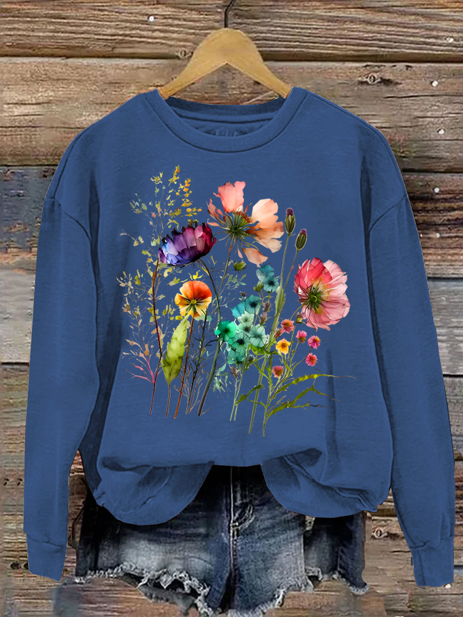 Women's Cotton Floral Print Crew Neck Sweatshirt Casual Sweatshirt