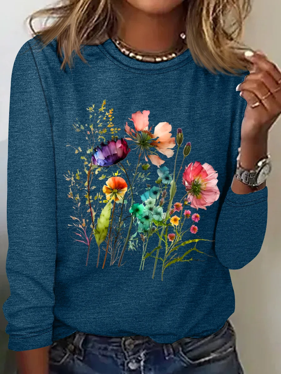 Women's Cotton Floral Print Crew Neck Sweatshirt Casual Long Sleeve Shirt