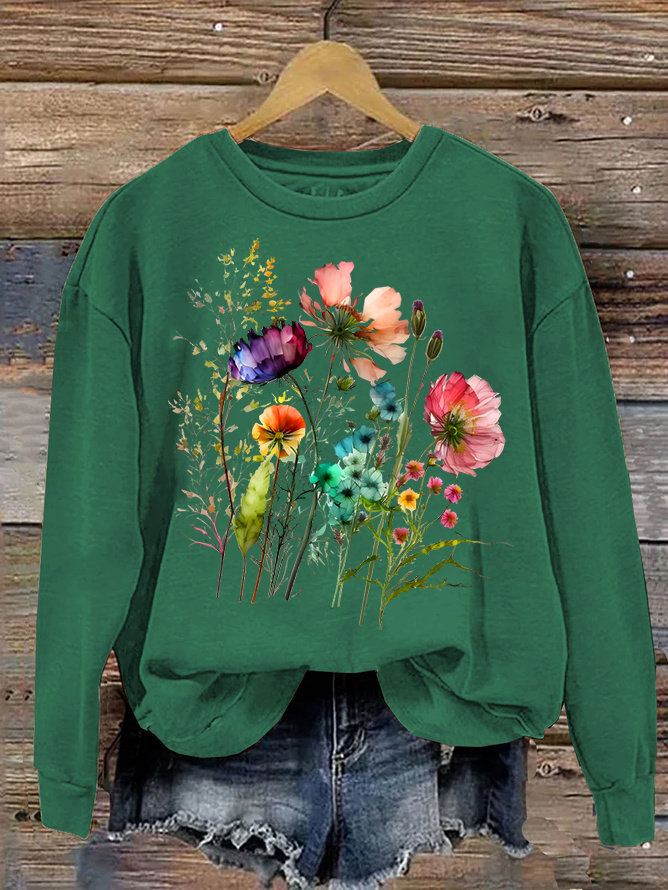 Women's Cotton Floral Print Crew Neck Sweatshirt Casual Sweatshirt