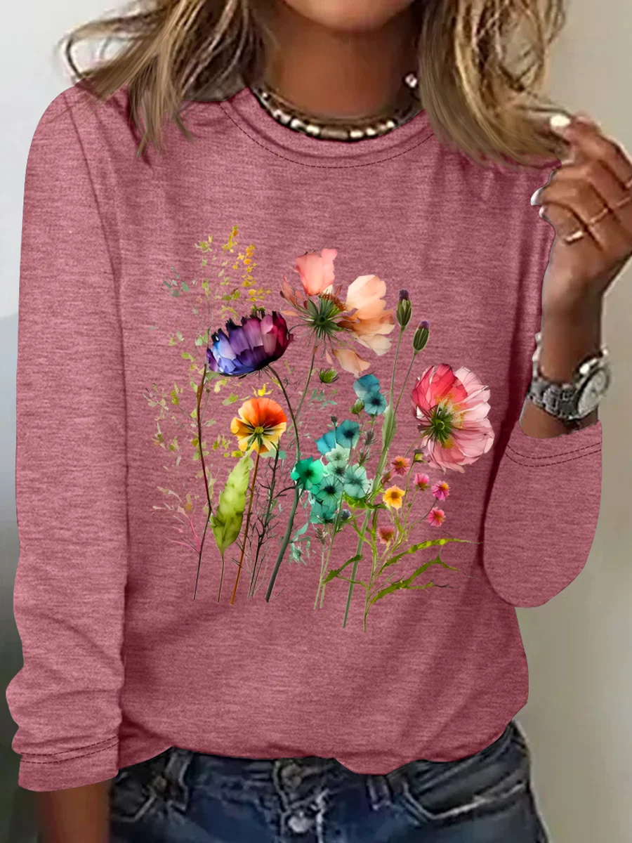 Women's Cotton Floral Print Crew Neck Sweatshirt Casual Long Sleeve Shirt