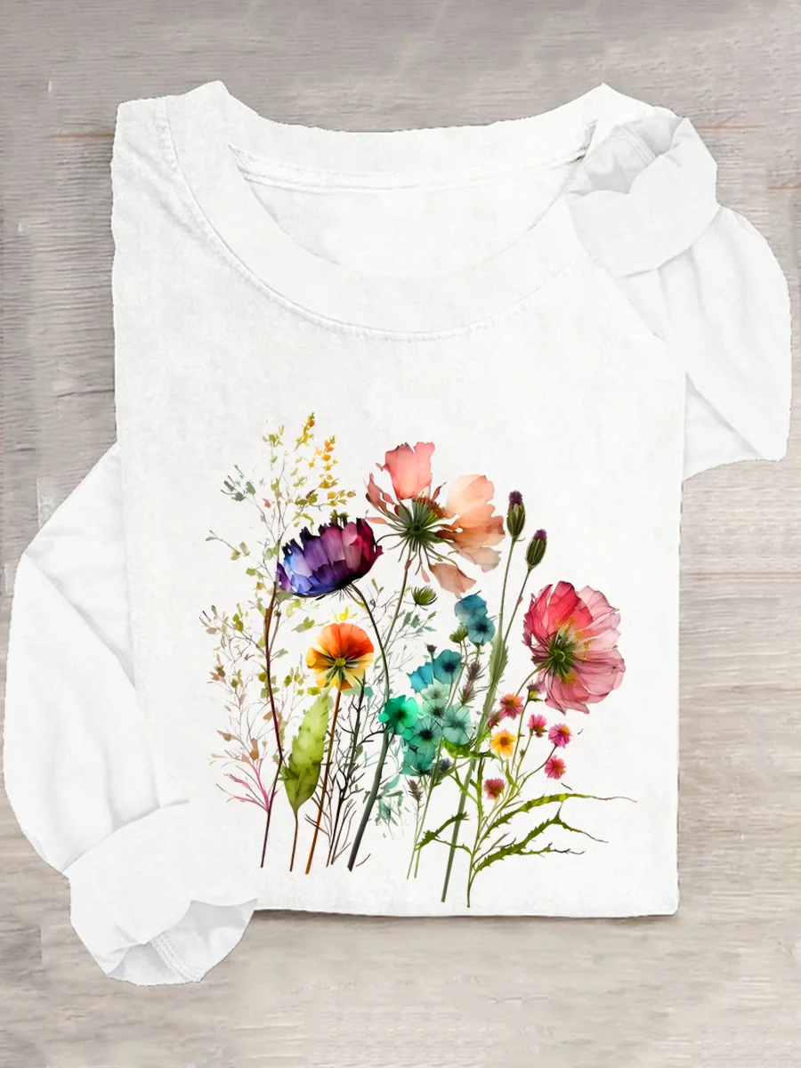 Women's Cotton Floral Print Crew Neck Sweatshirt Casual Long Sleeve Shirt