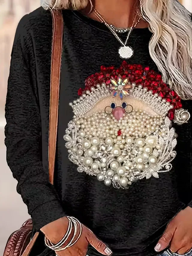 Women's Long Sleeve T-shirt Spring/Fall Black Christmas Printing Jersey Crew Neck Daily Going Out Casual Top