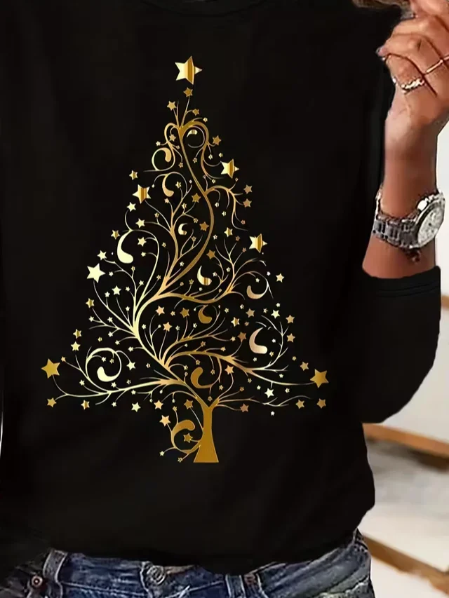 Women's Long Sleeve T-shirt Spring/Fall Black Christmas Printing Jersey Crew Neck Daily Going Out Casual Top