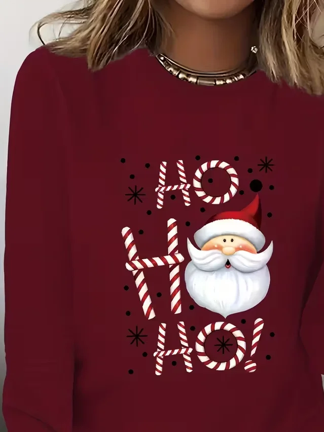 Women's Long Sleeve T-shirt Spring/Fall Wine Red Christmas Printing Jersey Crew Neck Daily Going Out Casual Top