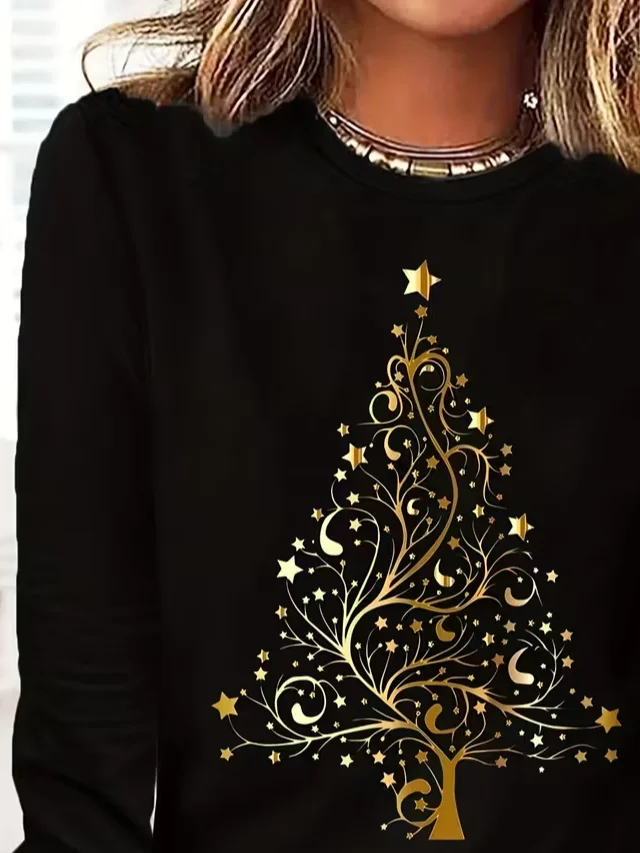 Women's Long Sleeve T-shirt Spring/Fall Black Christmas Printing Jersey Crew Neck Daily Going Out Casual Top
