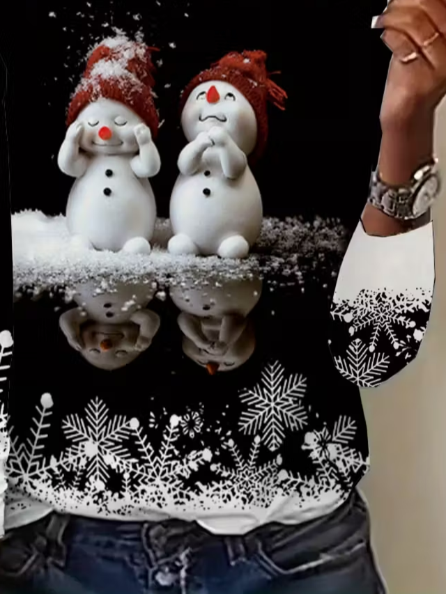 Women's Long Sleeve T-shirt Spring/Fall Black Christmas Snowman Printing Jersey Crew Neck Daily Going Out Casual Top