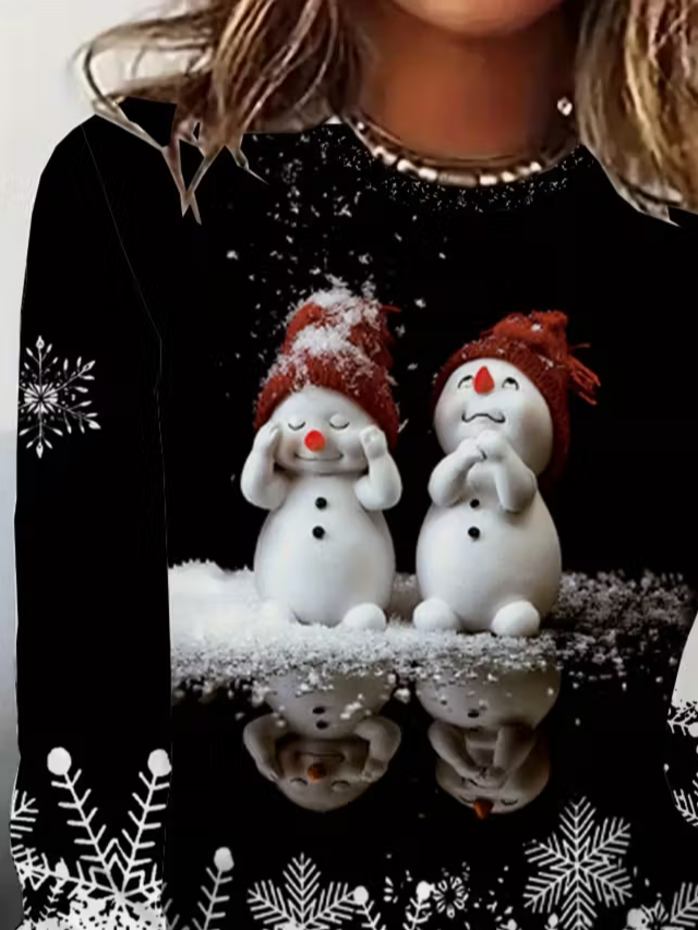 Women's Long Sleeve T-shirt Spring/Fall Black Christmas Snowman Printing Jersey Crew Neck Daily Going Out Casual Top