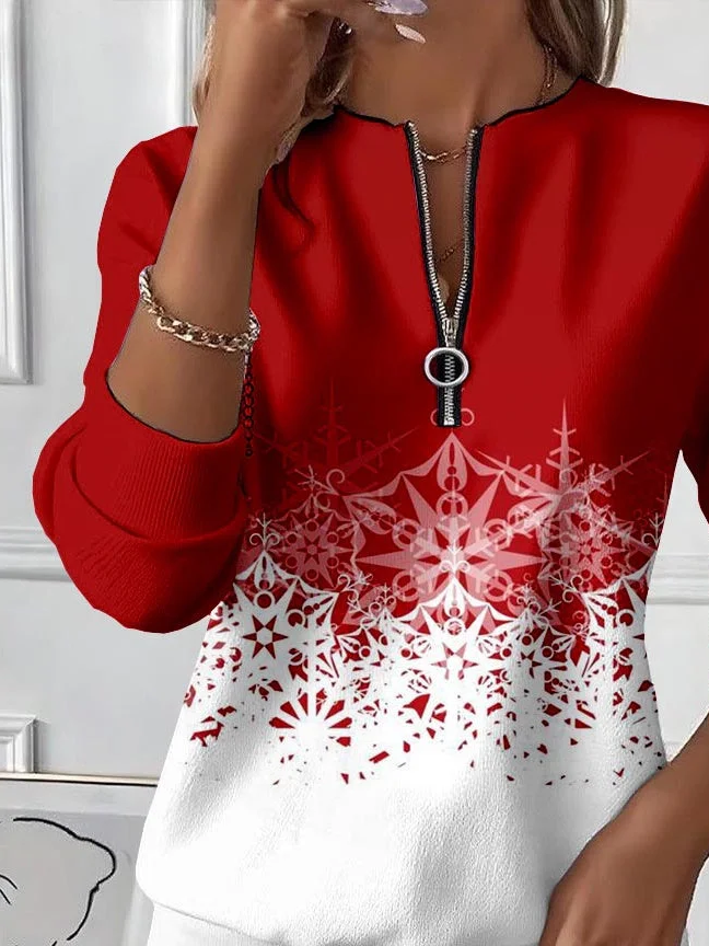 Women's Christmas Print Casual Zipper Long Sleeve Sweatshirt