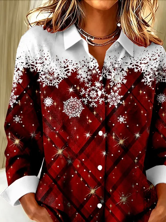 Women's Long Sleeve Shirt Spring/Fall Red Christmas Buckle Shirt Collar Regular Sleeve Daily Going Out Casual Top