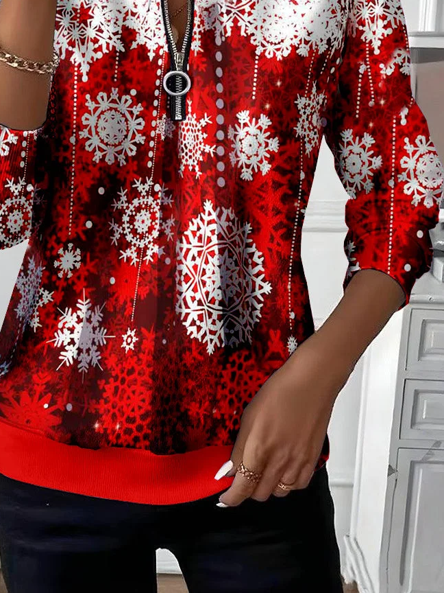 Women's Christmas Print Casual Zipper Long Sleeve Sweatshirt