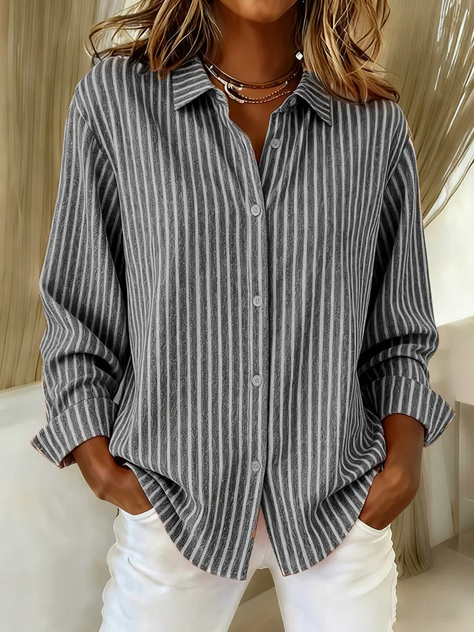 Women's Long Sleeve Shirt Spring/Fall Red Striped Buckle Shirt Collar Regular Sleeve Daily Going Out Casual Top
