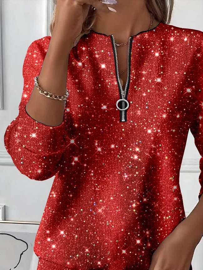Women's Christmas Print Casual Zipper Long Sleeve Sweatshirt