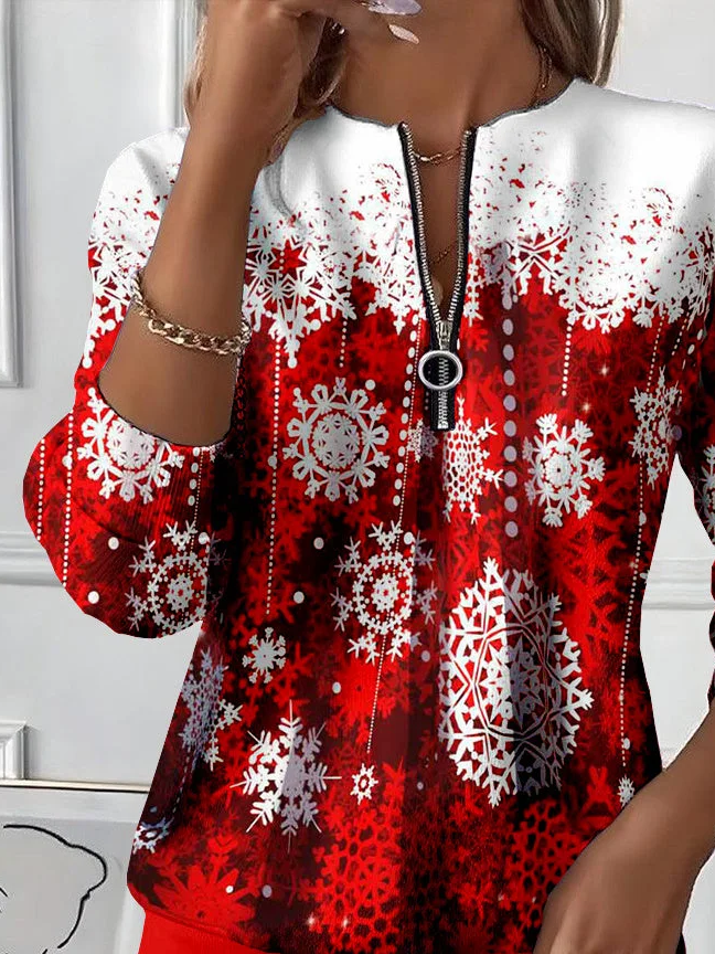 Women's Christmas Print Casual Zipper Long Sleeve Sweatshirt
