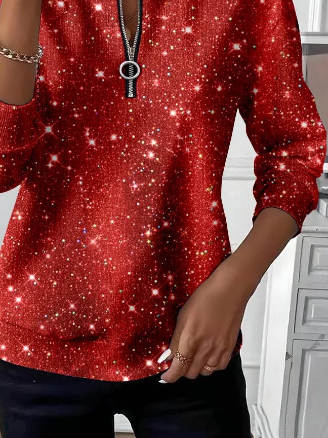 Women's Christmas Print Casual Zipper Long Sleeve Sweatshirt