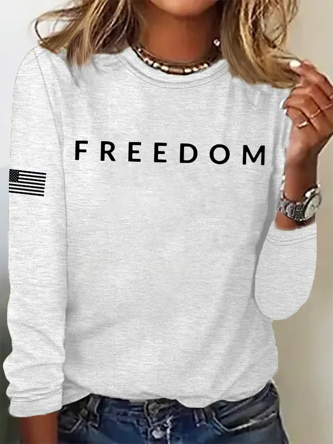 Women's Freedom Printed Round Neck Long Sleeve T-Shirt