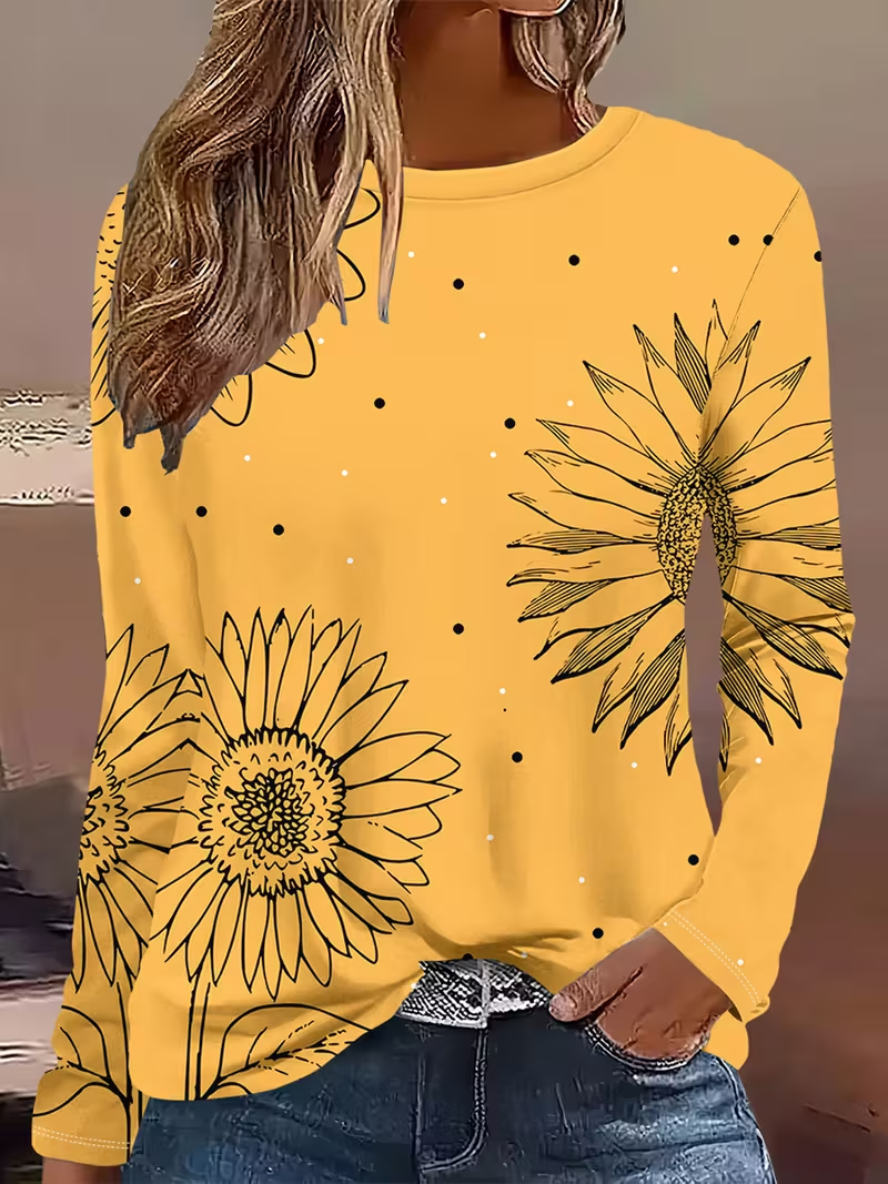 Women's Long Sleeve T-shirt Spring/Fall Yellow Sunflower Printing Jersey Crew Neck Daily Going Out Casual Top