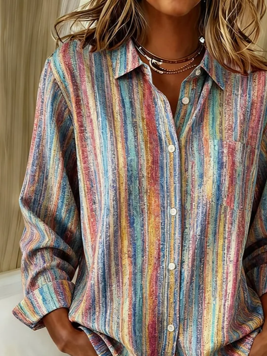 Women's Long Sleeve Shirt Spring/Fall As Picture Striped Buckle Shirt Collar Regular Sleeve Daily Going Out Casual Top