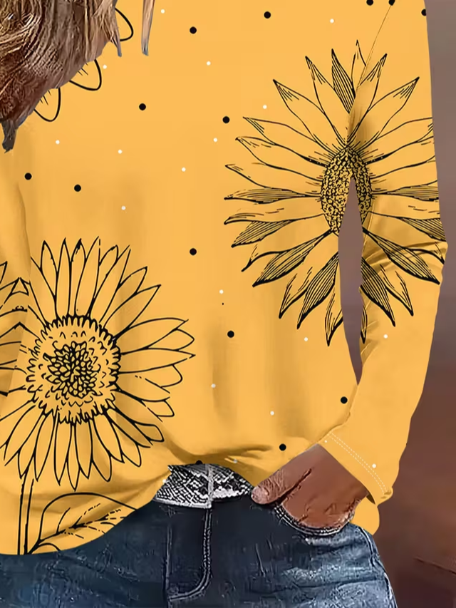 Women's Long Sleeve T-shirt Spring/Fall Yellow Sunflower Printing Jersey Crew Neck Daily Going Out Casual Top