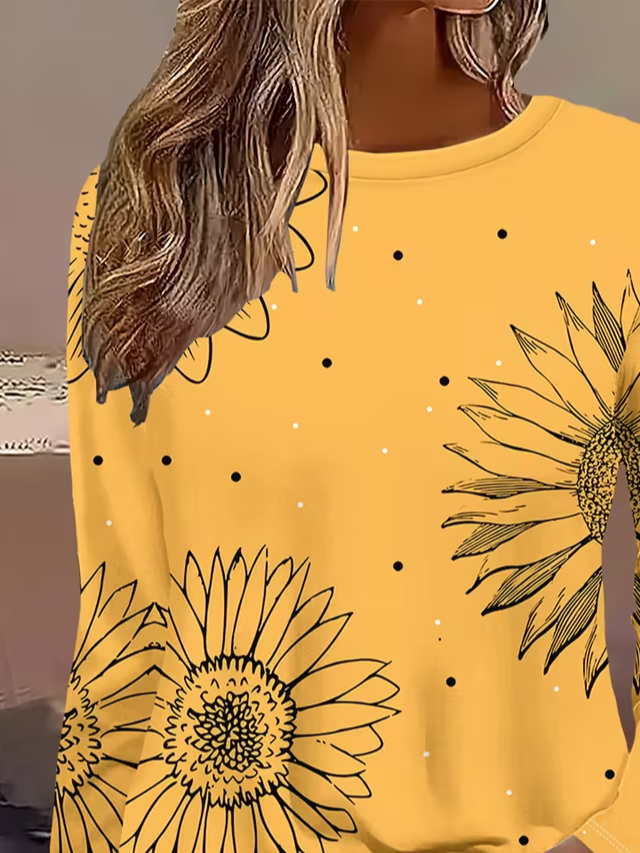 Women's Long Sleeve T-shirt Spring/Fall Yellow Sunflower Printing Jersey Crew Neck Daily Going Out Casual Top