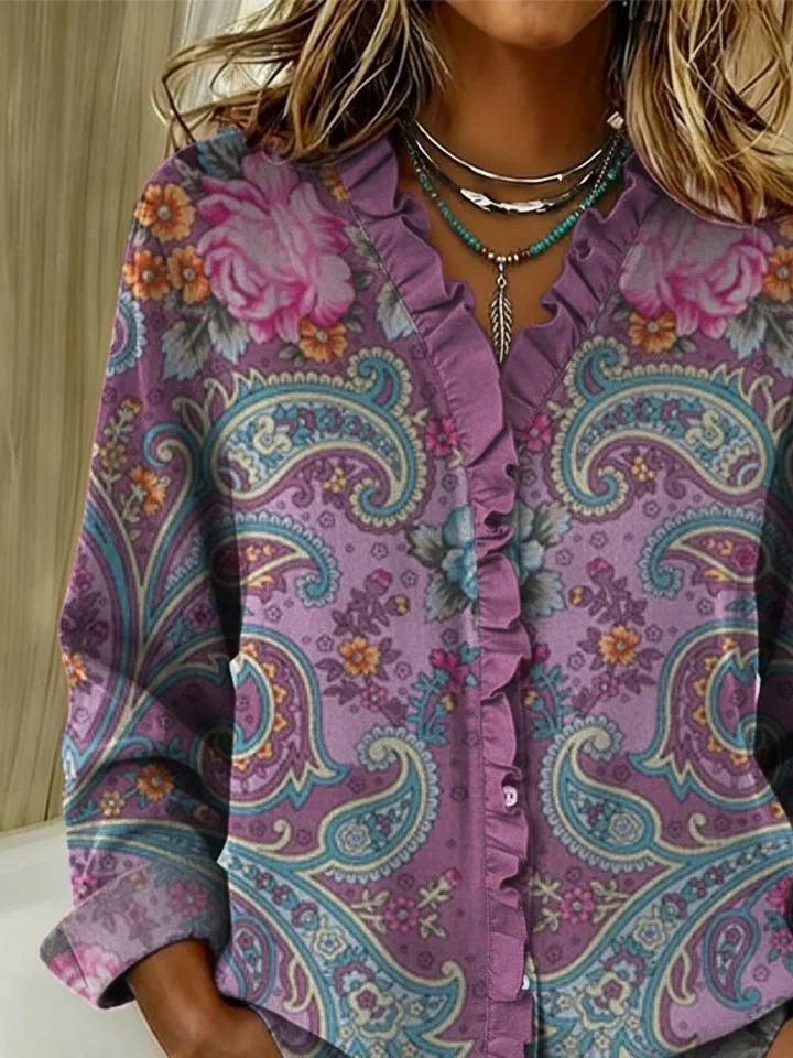 Loose Vintage Paisley Lace Collar Shirt