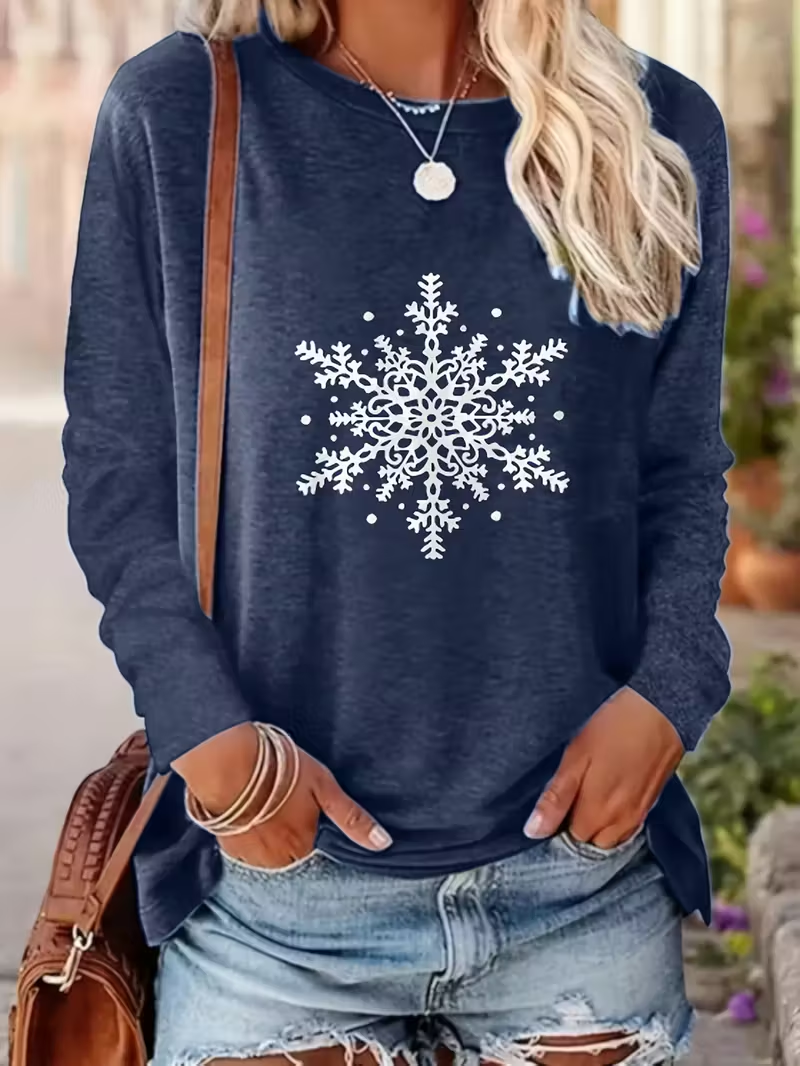 Women's Long Sleeve T-shirt Spring/Fall Deep Blue Christmas Printing Jersey Crew Neck Daily Going Out Casual Top