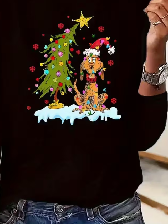 Women's Long Sleeve T-shirt Spring/Fall Black Christmas Printing Jersey Crew Neck Daily Going Out Casual Top