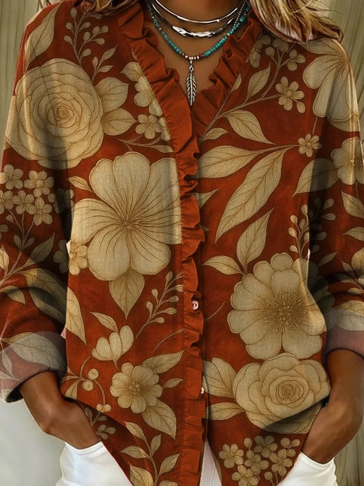 Floral Loose Casual Lace Collar Shirt