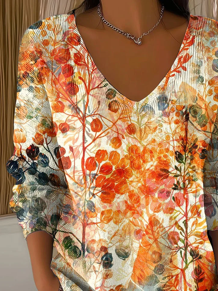 Women's Long Sleeve T-shirt Spring/Fall Orange Floral Printing V Neck Daily Going Out Casual Top